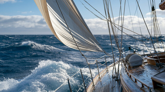 Offshore delivery crew reefing mainsail in building South Atlantic swells, jacklines rigged fore to aft, life raft canister mounted on cabin top, bluewater passage, crew overboard prevention, open o