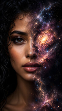 Surreal Woman Face Half Flesh Half Galaxy Cosmic Beauty Portrait Luxury Cosmetics Brand Visual