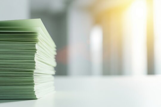Stacked light green paper notes on a white desk with soft sunlight