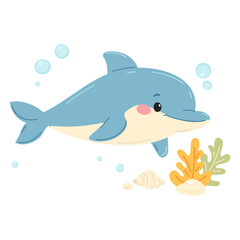Fototapeta premium Cartoon cute dolphin character. Vector illustration of underwater creature for kids and baby. Hand drawn illustration for stickers, education cards, nursery decor