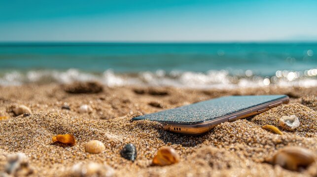 Coastal photo of a phone tucked into warm sand with sparkling sea in the background