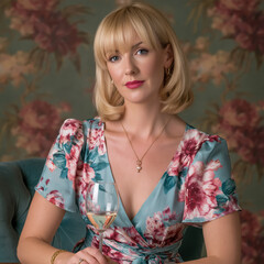 Naklejka premium Woman sitting in a vintage interior, holding a wine glass and wearing a floral dress, looking at the camera