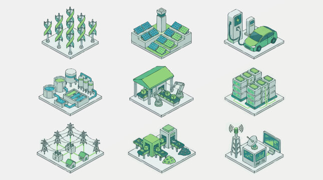 Set of isometric icons representing different industries and technologies.