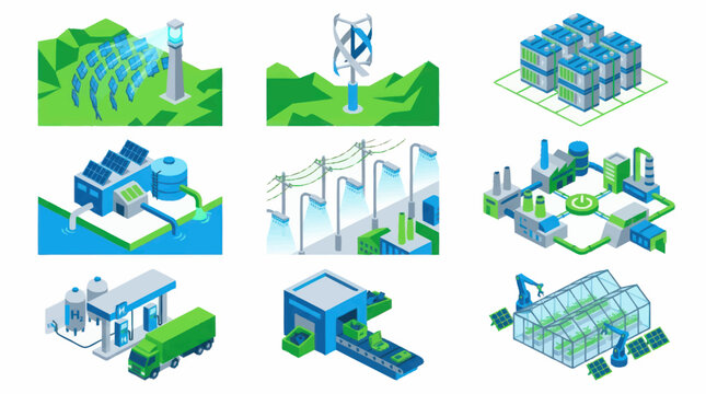 Set of isometric illustrations representing renewable energy and industrial concepts.