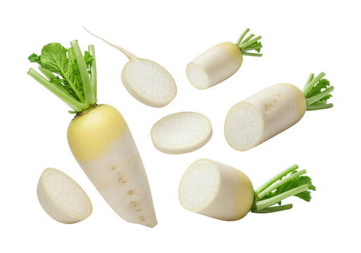 Fresh daikon radishes with green tops, whole and sliced, arranged on a transparent background