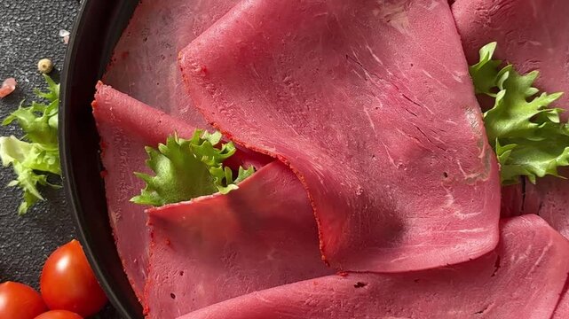 Beef ham thin slices of veal ham meat dish lunch or dinner tasty snack fresh, delicious, gourmet food background on the table rustic food close-up copy space