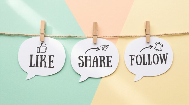Social media marketing concept with like share follow speech bubbles, pastel background with paper icons hanging on a clothesline