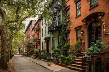 Fototapeta premium Historic Facades, Iron Fire Escapes and Stoops on a Quiet Brooklyn Row