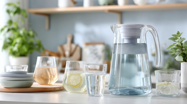 Refreshing citrus drink presentation. Morning scene featuring citrus water in stylish kitchen setting. Peaceful kitchen display showcasing lemon water in classic glass pitcher under soft lighting