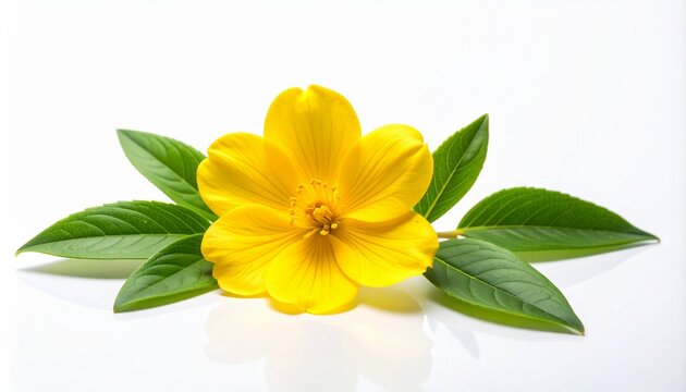 fresh and beautiful yellow musk flower with natural green tree and leaf stalk,