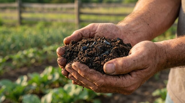 Farmer holding a handful of dark rich soil with biochar in an agricultural field