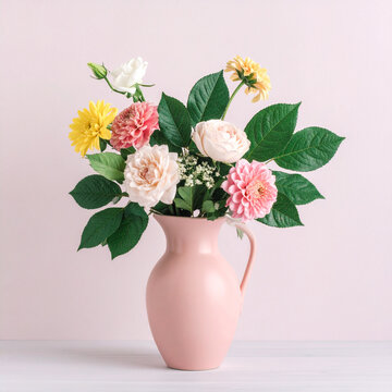 Pink ceramic vase with colorful summer flowers arrangement