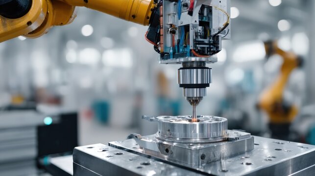 Automated milling machine with coolant. Highprecision CNC equipment working on metal components. Factory setting featuring automated CNC drilling machine with coolant system employed