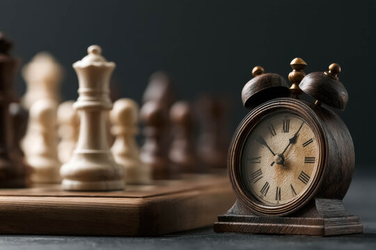 Classic analog chess clock next to wooden chessboard with pieces in dramatic tournament atmosphere