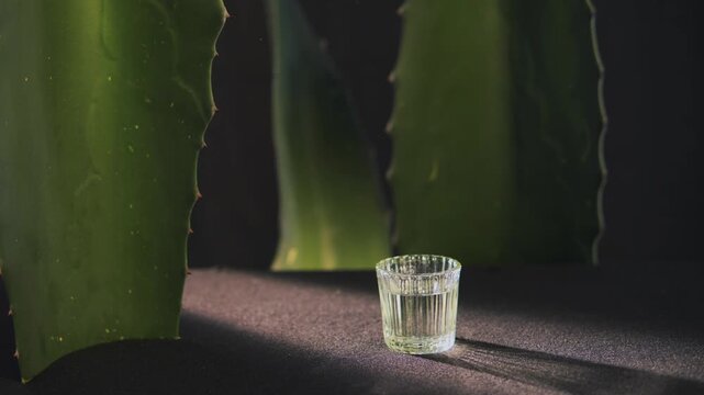 Glass of tequila surrounded by aloe vera leaves