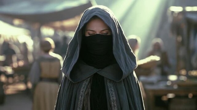 Hooded figure with veiled face in cinematic style on a busy marketplace background, concept of mystery and hidden identity