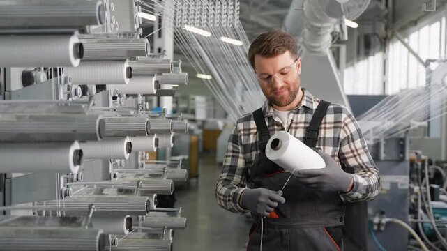 Male factory worker inspecting polypropylene thread spool
