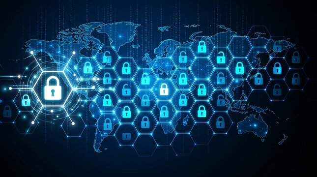 Digital blockchain network with glowing hexagons and binary code background