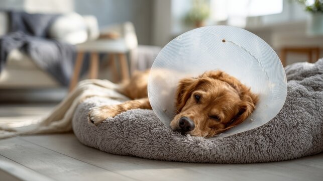 Relaxed retriever resting postsurgery peacefully. Comfortable golden retriever with cone resting in cozy room. Tranquil golden retriever wearing cone on plush bed during sunny home recovery