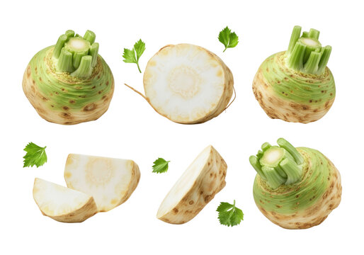 Fresh whole and sliced celeriac (celery root) bulbs with green tops and parsley leaves on a transparent background