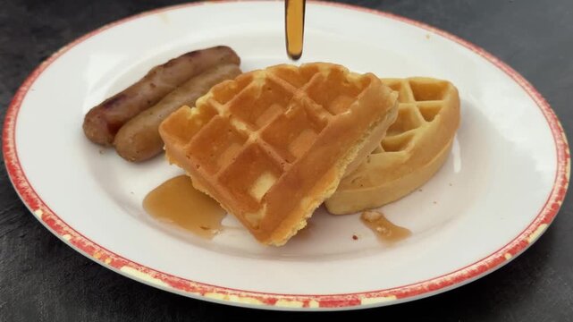 Pouring Syrup over Waffles with Sausages