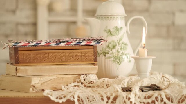 vintage photos, teapot, Antique tea set with lit candle on table, nostalgic atmosphere and inviting relaxation, sense elegance and tradition, family tree, genealogy, childhood memories