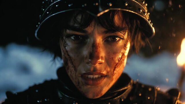 Close-up of armored warrior with gritty wounded face, cinematic style on dark firelit background, concept of resilience