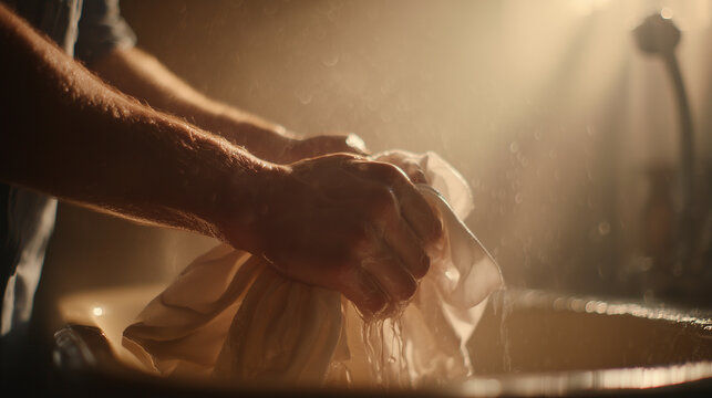 Close-up of hands wringing wet fabric over a sink in warm light during a laundry task in a home setting