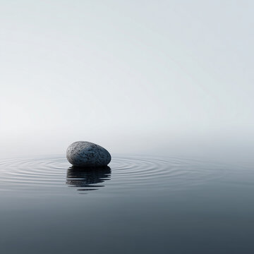 zen pebble on calm water surface with ripples, minimalist background for meditation