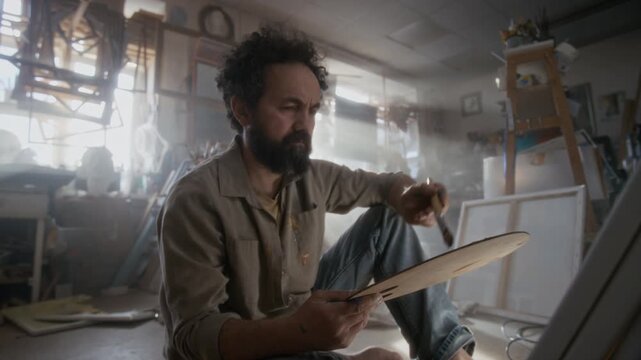 Nervous male artist sitting on floor in studio, painting on canvas, then loosing his patience and throwing palette and brush in anger, suffering from creative struggle