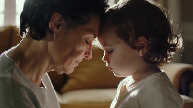 Leaning carer comforting toddler via forehead contact on sofa by window light in gray pullover
