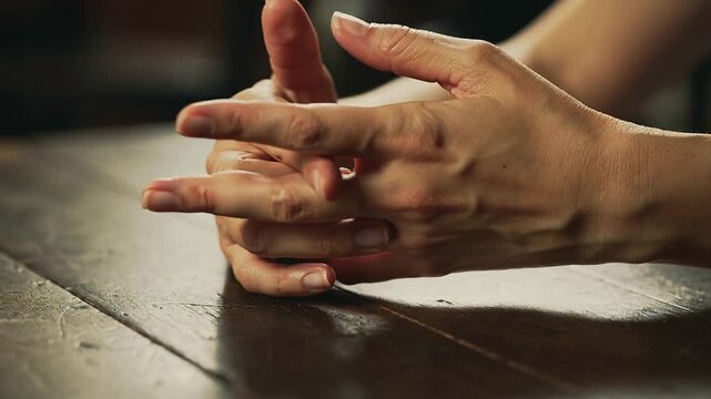 Resting hands starting on wood table, lifting and tracing then forming cup clasp, bare forearms