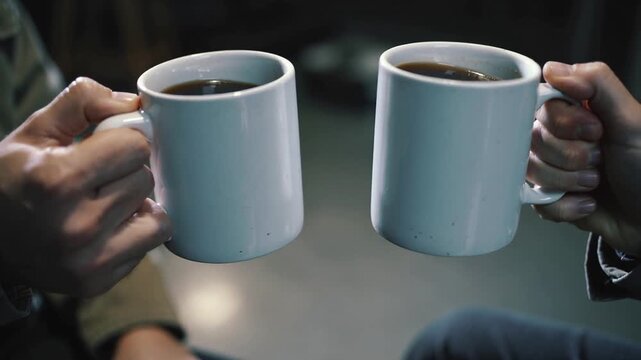 Clinking two people holding white mugs together in lounge for coffee break, showing green jacket