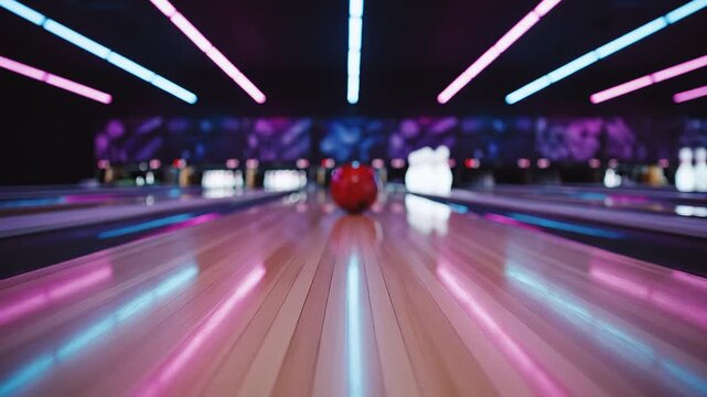 Red bowling ball and pins in the background on a wooden lane under neon lights in a bowling alley	