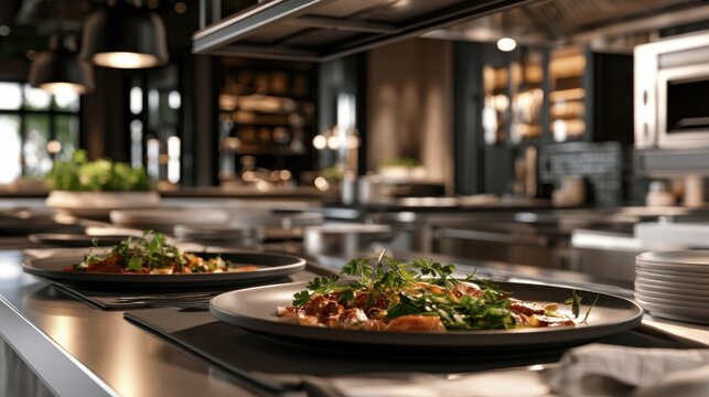 Plated gourmet dishes on kitchen pass, ready for pickup by waitstaff stainless countertop, warm ambient lighting, fresh garnish, organized mise en place, professional restaurant interior conveying