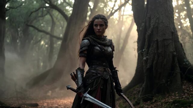 Armored warrior woman holding weapons stands in misty forest in fantasy style on soft foggy backdrop, concept of adventure