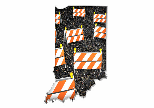 Indiana IN State Map Road Construction Project Traffic Signs Barriers Barricades 3d Illustration