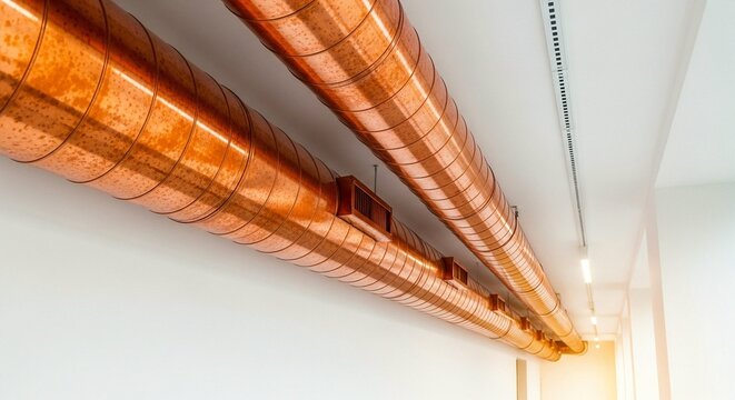 A photograph showing large copper ventilation ducts running along the ceiling of a modern industrial or commercial building interior
