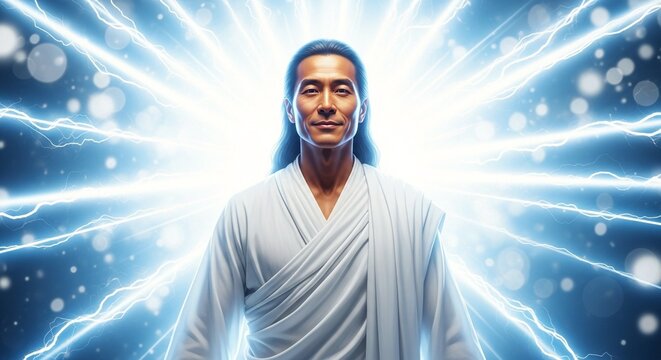 A peaceful man dressed in traditional white robes stands amidst a dramatic lightning storm with a calm expression on his face and luminous electricity surrounding him.