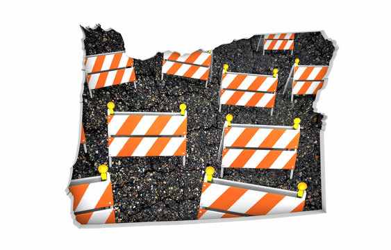 Oregon OR State Map Road Construction Project Traffic Signs Barriers Barricades 3d Illustration