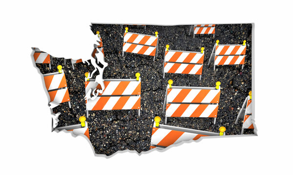 Washington WA State Map Road Construction Project Traffic Signs Barriers Barricades 3d Illustration