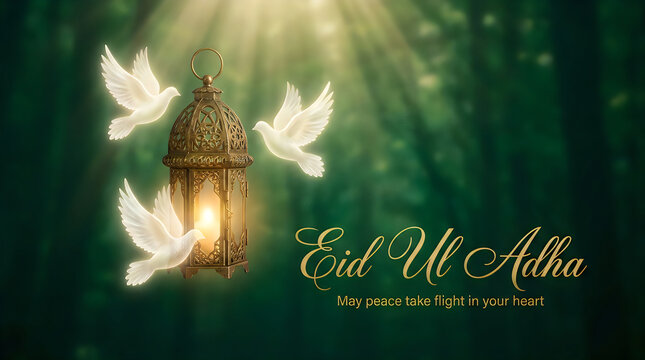 Green nature background with floating lanterns and white pigeons for Eid ul Adha celebration and peace message islamic festival eid mubarak wallpaper greeting card design graphics art