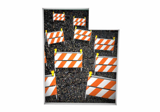 Utah UT State Map Road Construction Project Traffic Signs Barriers Barricades 3d Illustration