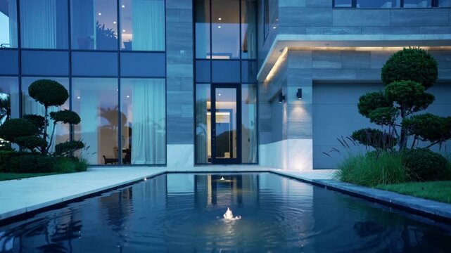 Spurting fountain jet spreading ripples across front courtyard pool at dusk revealing facade lights