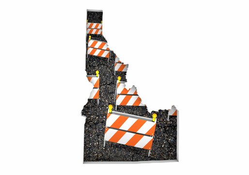 Idaho ID State Map Road Construction Project Traffic Signs Barriers Barricades 3d Illustration