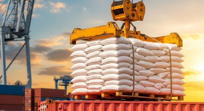 A large yellow crane loads a pallet of white sacks onto a shipping container at a busy port during sunset