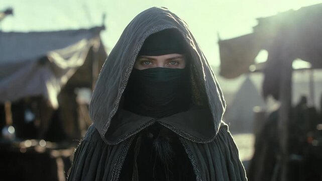 Veiled figure in a hooded cloak, cinematic style, set against a sunlit market backdrop, conveying mystery and intrigue