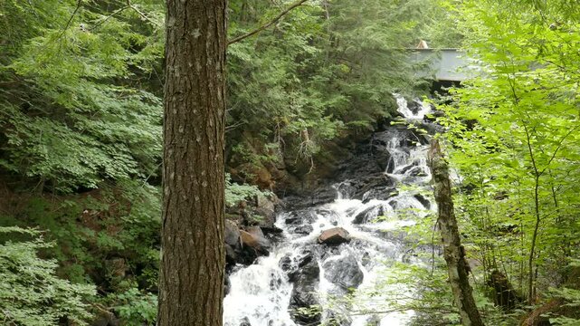 Iroquois Falls on a small river with rapids and a waterfalls along Sentier Iroquois, a hiking trail near Lac Simon in Duhamel, Quebec, Canada.