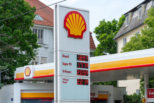Fuel price board with gasoline and diesel rates near Shell station in Vienna, Austria, Vienna, May 10, 2026