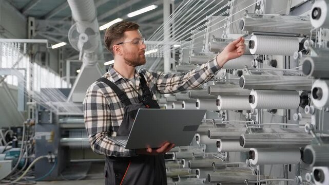 Male engineer monitoring polypropylene fiber production line